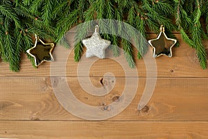 Christmas Border - Fir Branches And Ornament On Snowy Plank