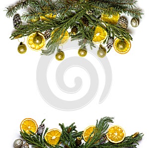 Christmas border frame of fir tree branch on white background isolated