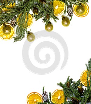 Christmas border frame of fir tree branch on white background isolated