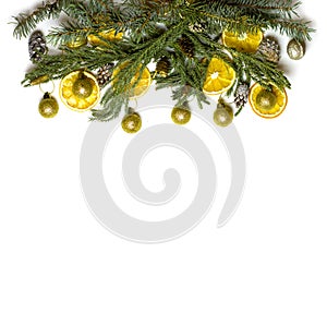 Christmas border frame of fir tree branch on white background isolated