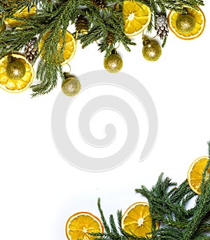 Christmas border frame of fir tree branch on white background isolated