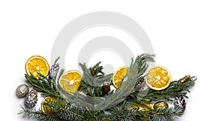 Christmas border frame of fir tree branch on white background isolated