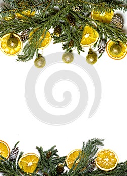 Christmas border frame of fir tree branch on white background isolated