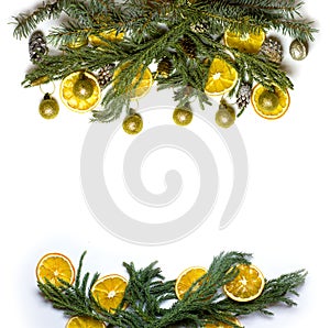 Christmas border frame of fir tree branch on white background isolated