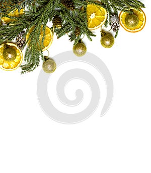 Christmas border frame of fir tree branch on white background isolated