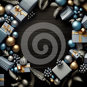 Christmas border of gift boxes in blue and silver with gold ribbons and other Christmas decorations against a dark wooden