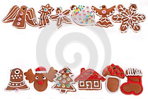 Christmas border with gingerbread cookies isolated on white