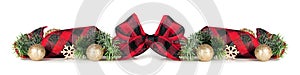 Christmas border of gold ornaments, branches and red and white buffalo plaid ribbon isolated on white