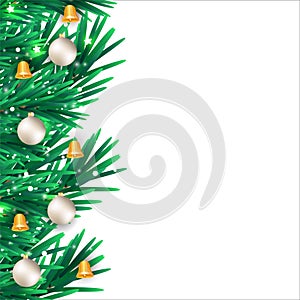 Christmas border golden bell and white decoration ball. Xmas border with snowflakes and green leaves. Christmas border, Christmas