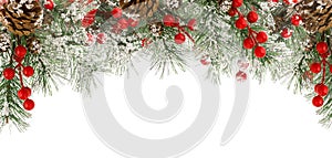 Christmas border of green fir branches with snow, red berries and cones isolated on white