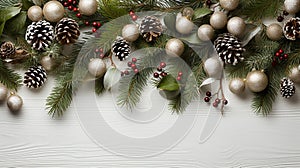 Christmas border with hanging garland of fir branches, red and silver baubles, isolated on white