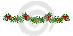 Christmas border with hanging garland of fir branches, red and silver baubles, pine cones and other ornaments