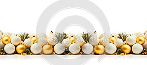 Christmas Border - holiday background - elegant decorations with gold and white balls on white, horizontal banner. Christmas xmas