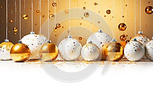 Christmas Border - holiday background - elegant decorations with gold and white balls on white, horizontal banner. Christmas xmas