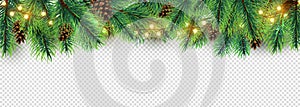 Christmas border. Holiday garland isolated on transparent background. Vector Christmas tree branches, lights and cones