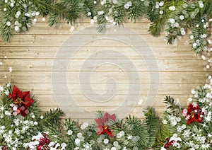 Christmas border with poinsettia onold wood background