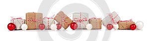 Christmas border with brown and white gift boxes on white