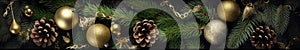 Christmas border with christmas tree branches, decorations and pine cones, generative AI