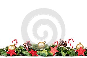 Christmas Border - tree branches with golden balls, candy and decoration
