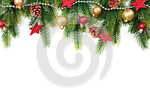 Christmas border with trees, balls, stars and other ornaments, isolated on white