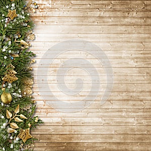 Christmas border with vintage decoration on wooden board.