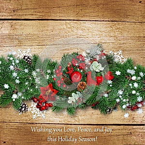 Christmas border on a vintage wooden board with space for text o
