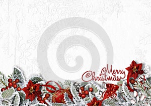 Christmas border on white background with snowy branches,poinsettia,holly