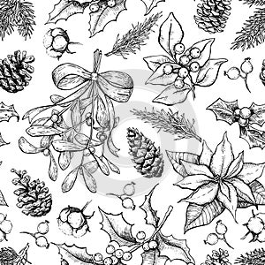 Christmas botanical seamless pattern. Hand drawn vector