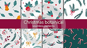 Christmas botanical seamless pattern set. Holiday hand drawn leaves and red berries, fir tree branches, winter traditional xmas