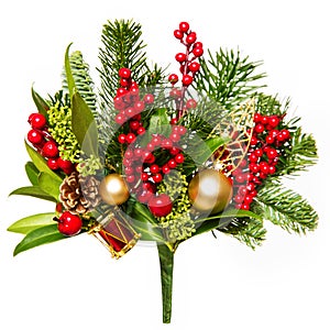 Christmas Bouquet Isolated on White, Xmas Red Berries and Green Leaves