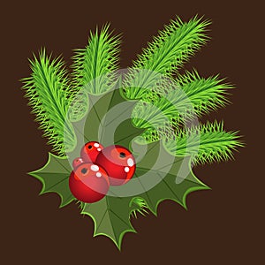 Christmas bouquet, Christmas and new year greetings, red berries and Holly leaves, spruce branches as a festive symbol of