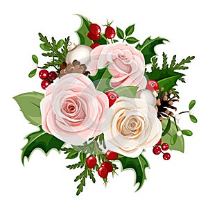 Christmas bouquet with pink and white roses, balls, rosehip, holly and fir branches. Vector illustration.