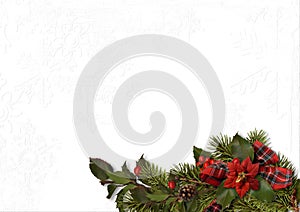 Christmas bouquet with poinsettias and holly on a white textured photo