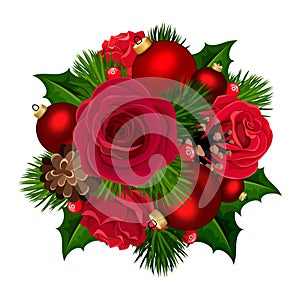 Christmas bouquet with red roses, balls, holly, cones and fir branches. Vector illustration.