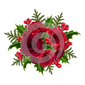 Christmas bouquet with roses and holly.