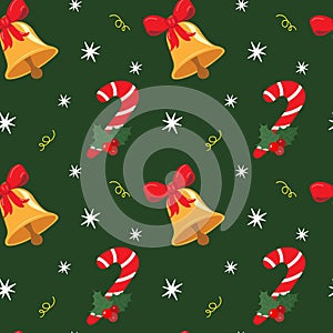 Christmas bow, bell, hollyberry, candy cane, confetti and snowflakes. Christmas vector seamless pattern. Colorful flat