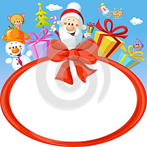 Christmas bow frame wit Santa Claus and gifts- funny vector background illustration photo