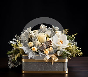 Christmas box with floral arrangment with fir and roses. Generative AI