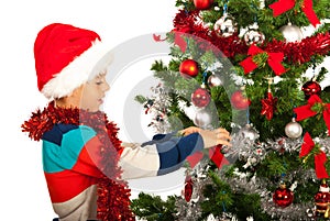 Christmas boy decorate tree