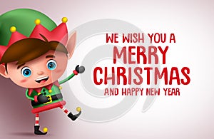 Christmas boy elf vector character and merry christmas greeting