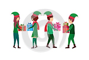 Christmas boy girl present gift box each other elf santa helper concept flat full length female male cartoon character