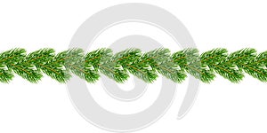 Christmas branch border 3D. Green garland isolated on white background. Template texture for holiday banner, decoration