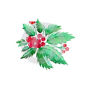 Christmas branch of holly with red berries on white. Watercolor illustration, hand drawn