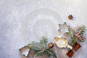 Christmas branch and ingredients for Christmas baking - spices, flour, powdered sugar and shape cookie cutters.