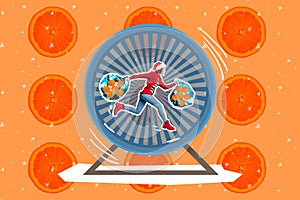 Christmas brochure collage of crazy girl fast running in hamster wheel hold orange bags prepare new year tradition