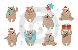 Christmas brown bear cartoon set grizzly vector