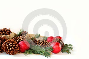 Christmas Bulb, Pine Cone, and Evergreen Border Isolated on Whit