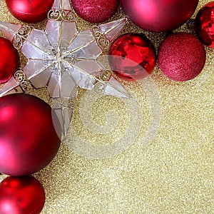 Christmas Bulbs and Star Ornament Frame on Gold Glitter Background