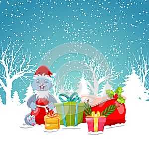 Christmas Bunny with Present Gift Boxes, Santa Bag, Xmas and New Year Background, Winter Time