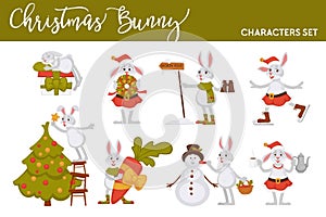 Christmas bunny rabbit Santa cartoon character vector icons for New Year greeting card design template.